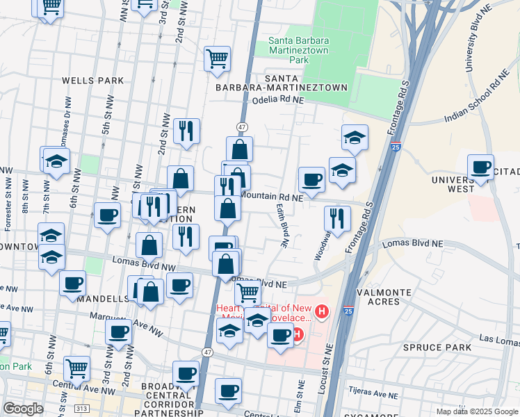 map of restaurants, bars, coffee shops, grocery stores, and more near 406 Mountain Road Northeast in Albuquerque