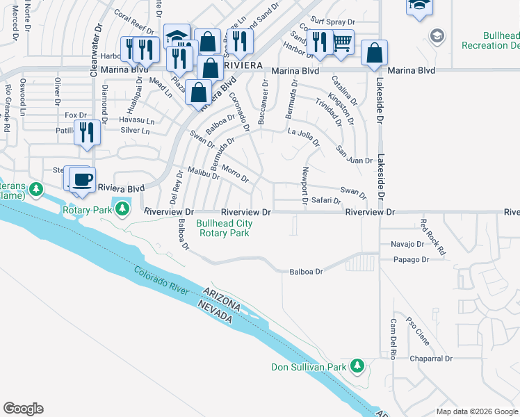 map of restaurants, bars, coffee shops, grocery stores, and more near 2229 Coronado Drive in Bullhead City