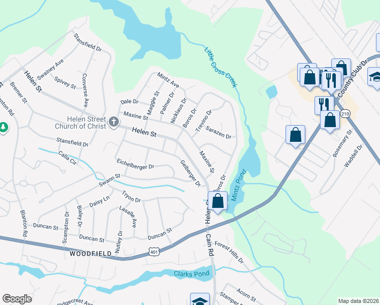 map of restaurants, bars, coffee shops, grocery stores, and more near 709 Helen Street in Fayetteville