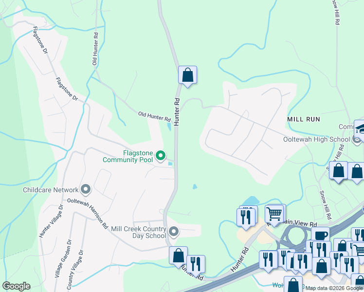 map of restaurants, bars, coffee shops, grocery stores, and more near 5438 Hunter Road in Ooltewah
