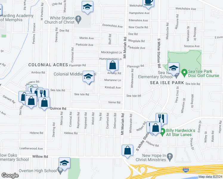 map of restaurants, bars, coffee shops, grocery stores, and more near 4931 Kimball Avenue in Memphis