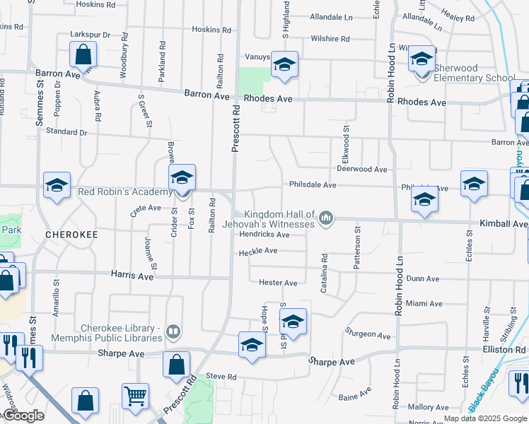 map of restaurants, bars, coffee shops, grocery stores, and more near 1378 Hope Street in Memphis