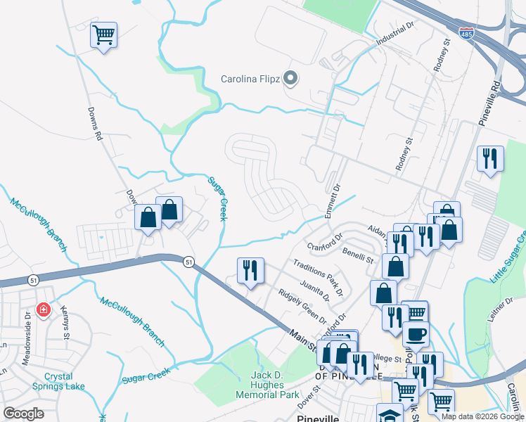 map of restaurants, bars, coffee shops, grocery stores, and more near 727 Brian Circle in Pineville