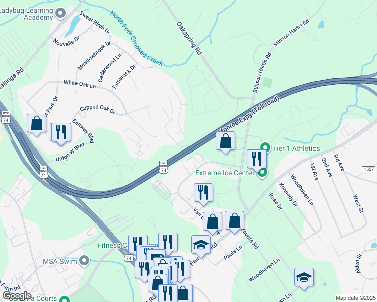 map of restaurants, bars, coffee shops, grocery stores, and more near 7412 Oscar Robinson Road in Indian Trail