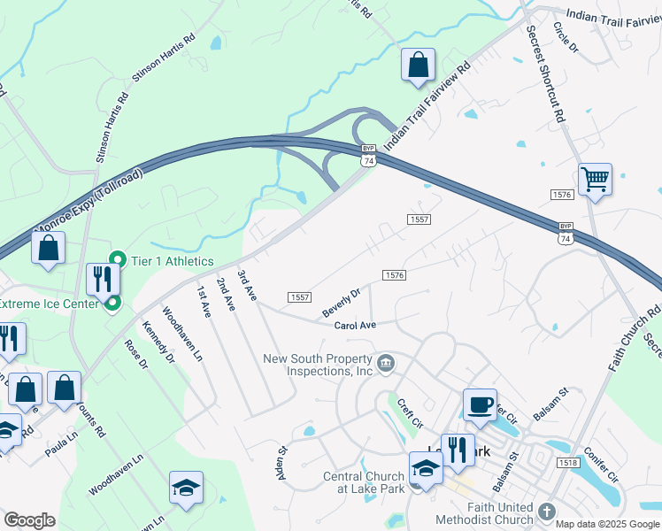 map of restaurants, bars, coffee shops, grocery stores, and more near 5305 Reid Road in Indian Trail