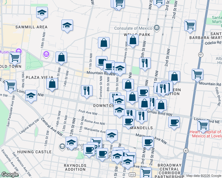 map of restaurants, bars, coffee shops, grocery stores, and more near 700 Granite Avenue Northwest in Albuquerque