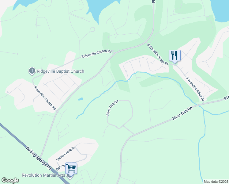 map of restaurants, bars, coffee shops, grocery stores, and more near 140 Southern Oaks Drive in Inman