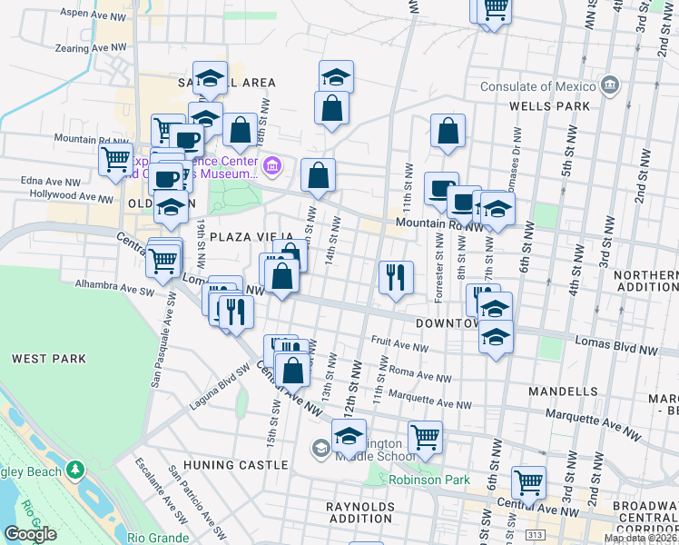 map of restaurants, bars, coffee shops, grocery stores, and more near 701 13th Street Northwest in Albuquerque