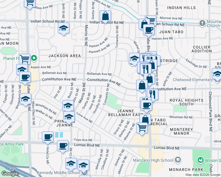 map of restaurants, bars, coffee shops, grocery stores, and more near 11401 Ralph Avenue Northeast in Albuquerque