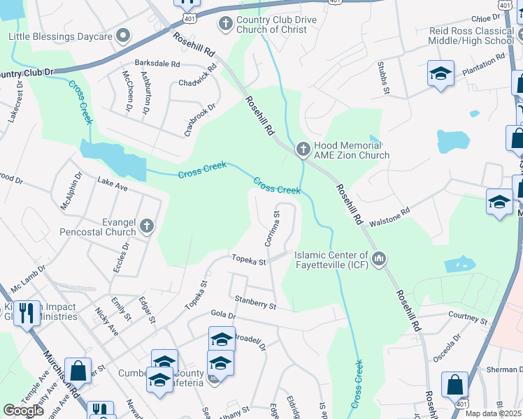 map of restaurants, bars, coffee shops, grocery stores, and more near 618 Bessemer Circle in Fayetteville