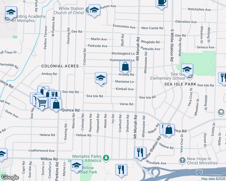 map of restaurants, bars, coffee shops, grocery stores, and more near 1375 Ivy Road in Memphis