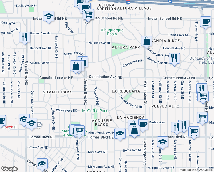 map of restaurants, bars, coffee shops, grocery stores, and more near 1121 Montclaire Drive Northeast in Albuquerque