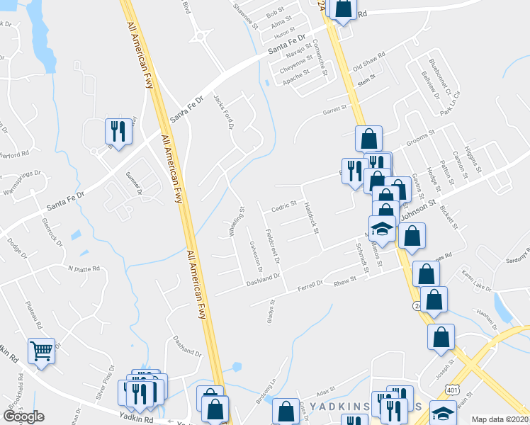 map of restaurants, bars, coffee shops, grocery stores, and more near 432-598 Cedric Street in Fayetteville