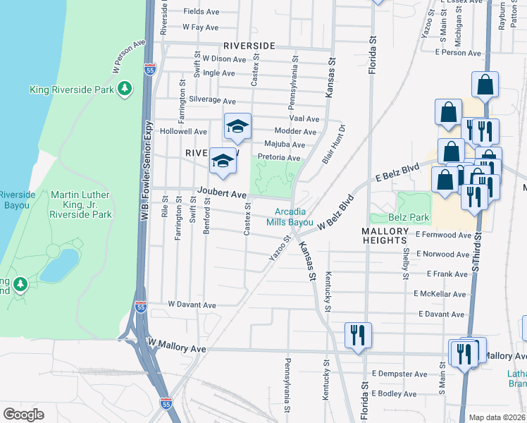 map of restaurants, bars, coffee shops, grocery stores, and more near 183 Joubert Avenue in Memphis