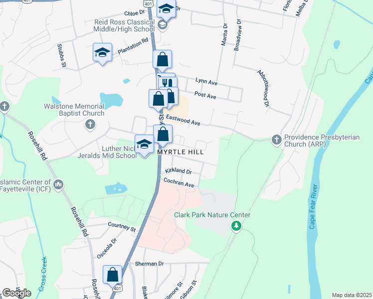 map of restaurants, bars, coffee shops, grocery stores, and more near 202 Circle Court in Fayetteville