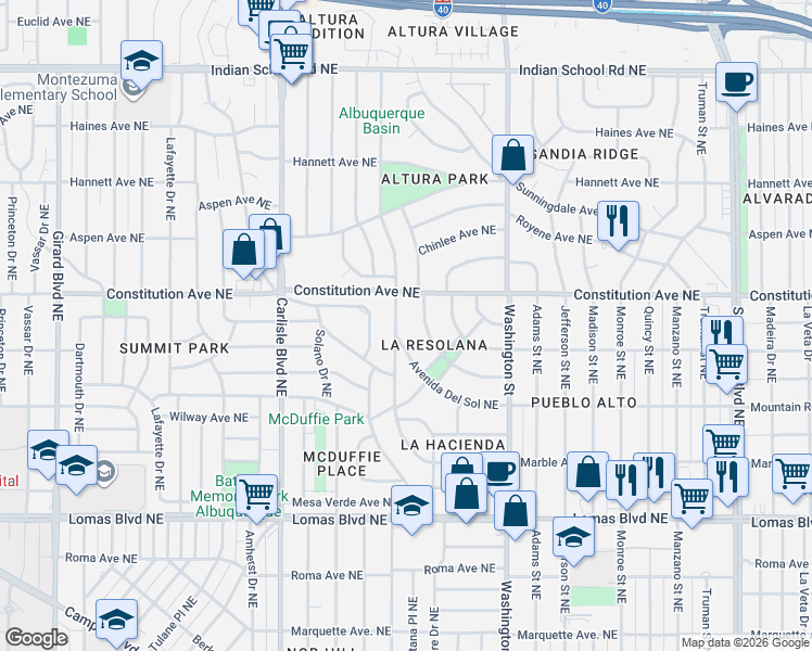 map of restaurants, bars, coffee shops, grocery stores, and more near 941 Avenida Manana Northeast in Albuquerque