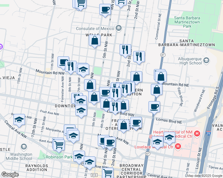 map of restaurants, bars, coffee shops, grocery stores, and more near 923 4th Street Northwest in Albuquerque