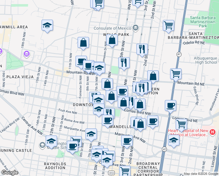 map of restaurants, bars, coffee shops, grocery stores, and more near 512 Granite Avenue Northwest in Albuquerque