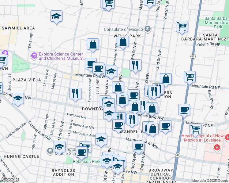map of restaurants, bars, coffee shops, grocery stores, and more near 612 Granite Avenue Northwest in Albuquerque
