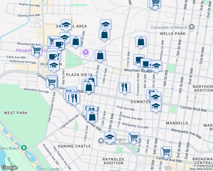 map of restaurants, bars, coffee shops, grocery stores, and more near 715 13th Street Northwest in Albuquerque