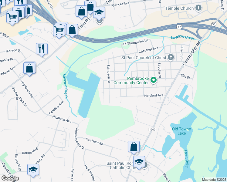 map of restaurants, bars, coffee shops, grocery stores, and more near 2802 Moore Avenue in New Bern