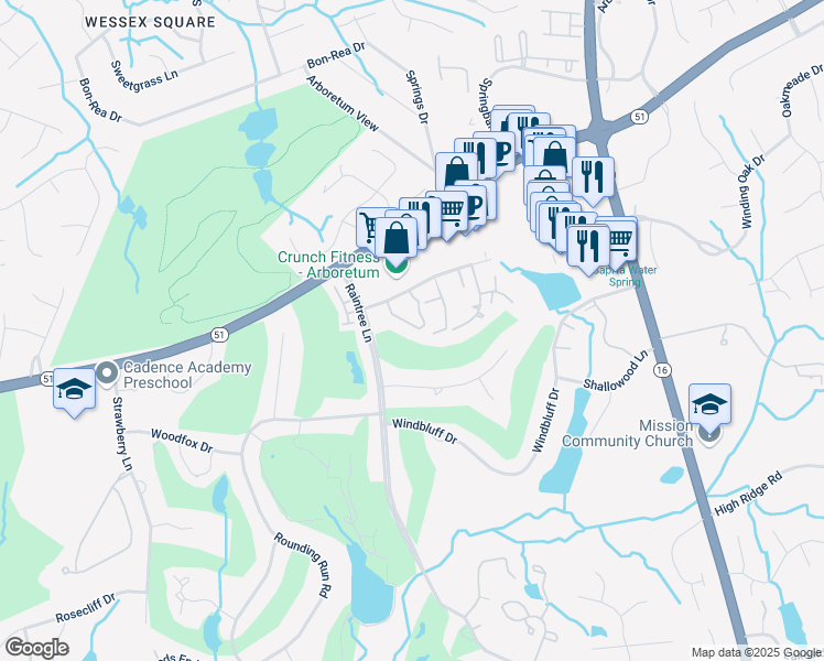 map of restaurants, bars, coffee shops, grocery stores, and more near 8015 Greenside Court in Charlotte