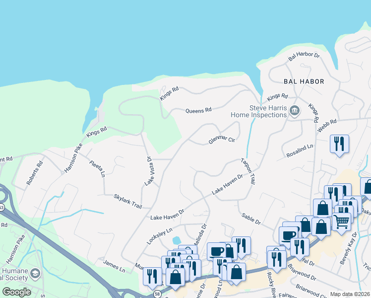 map of restaurants, bars, coffee shops, grocery stores, and more near 4720 Murray Hills Drive in Chattanooga