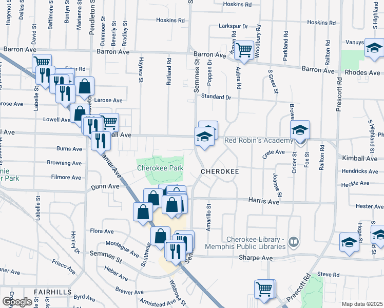 map of restaurants, bars, coffee shops, grocery stores, and more near 1369 Semmes Street in Memphis