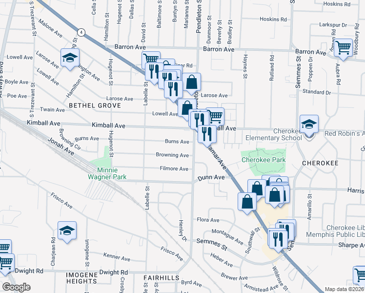 map of restaurants, bars, coffee shops, grocery stores, and more near 2734 Burns Avenue in Memphis