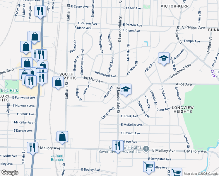 map of restaurants, bars, coffee shops, grocery stores, and more near 1953 Philsar Street in Memphis