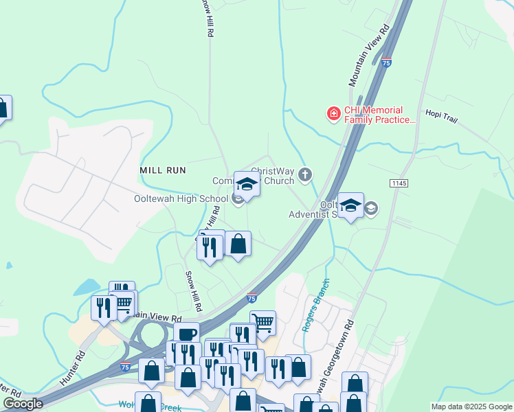 map of restaurants, bars, coffee shops, grocery stores, and more near 6123 Mountain View Road in Ooltewah
