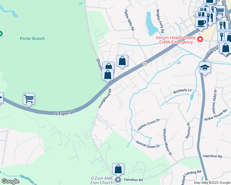map of restaurants, bars, coffee shops, grocery stores, and more near 14217 Youngblood Road in Charlotte