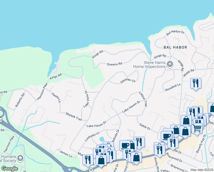 map of restaurants, bars, coffee shops, grocery stores, and more near 4720 Murray Hills Drive in Chattanooga