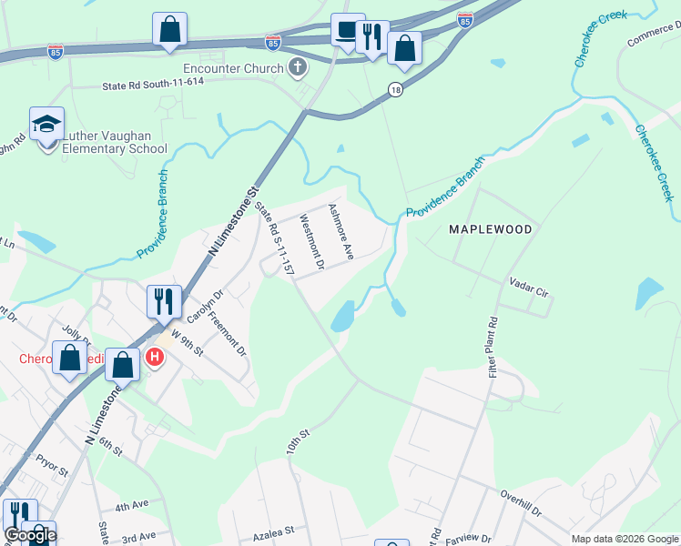 map of restaurants, bars, coffee shops, grocery stores, and more near 300 Springwood Drive in Gaffney