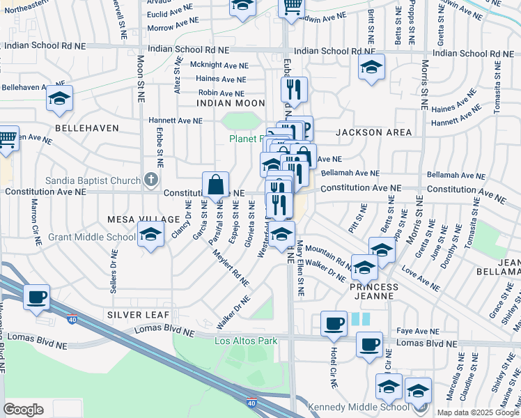 map of restaurants, bars, coffee shops, grocery stores, and more near 99999 Glorieta Street Northeast in Albuquerque