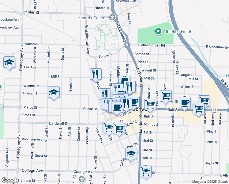 map of restaurants, bars, coffee shops, grocery stores, and more near 1110 Spencer St in Conway