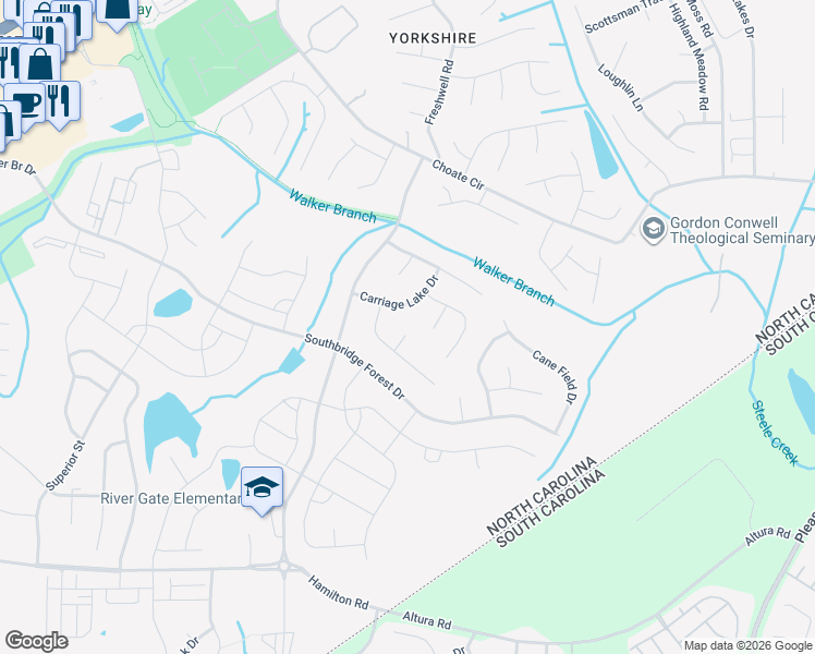 map of restaurants, bars, coffee shops, grocery stores, and more near 14804 Karina Falls Court in Charlotte