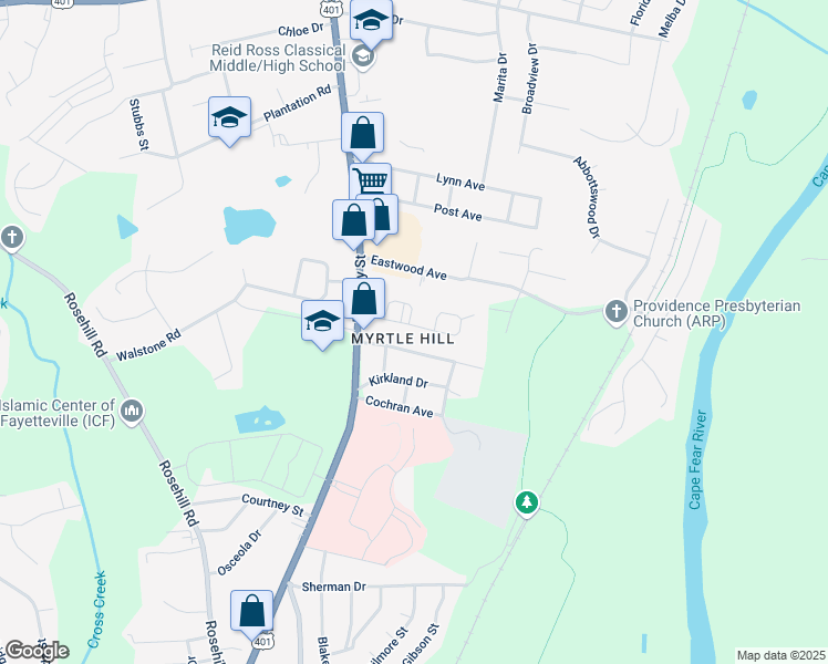 map of restaurants, bars, coffee shops, grocery stores, and more near 202 Circle Court in Fayetteville