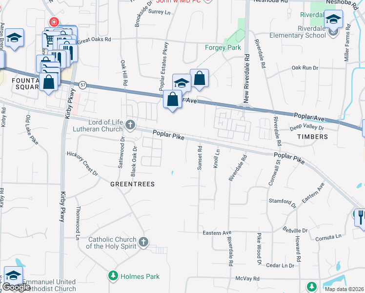 map of restaurants, bars, coffee shops, grocery stores, and more near 7025 Poplar Pike in Germantown