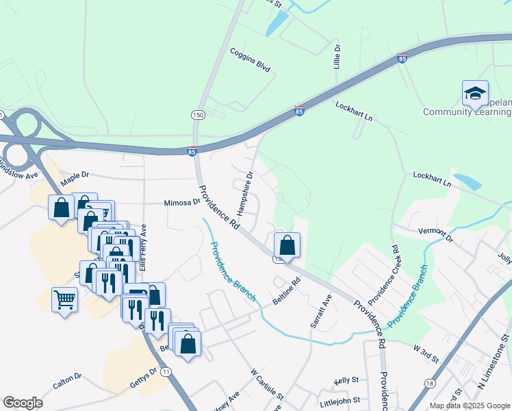 map of restaurants, bars, coffee shops, grocery stores, and more near 158 Fairfield Drive in Gaffney