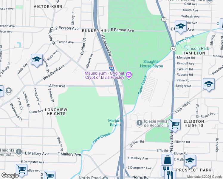 map of restaurants, bars, coffee shops, grocery stores, and more near 1087 Alice Avenue in Memphis