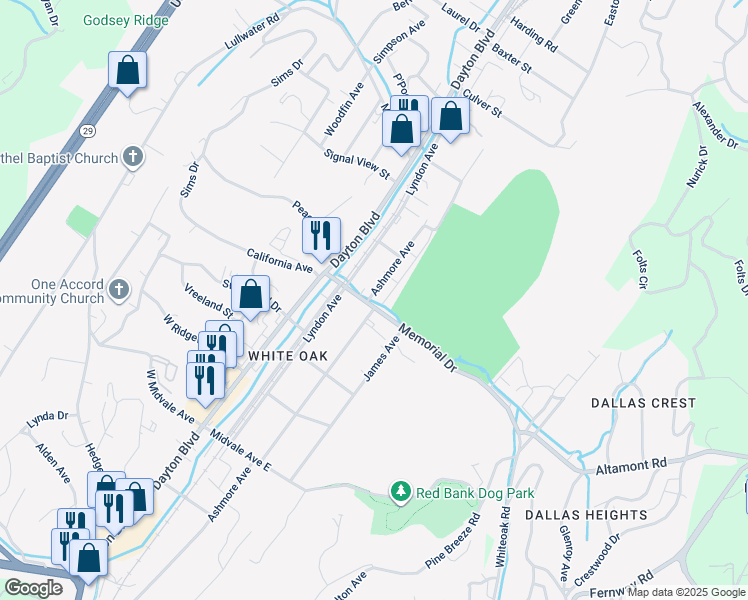 map of restaurants, bars, coffee shops, grocery stores, and more near 2312 Ashmore Avenue in Chattanooga