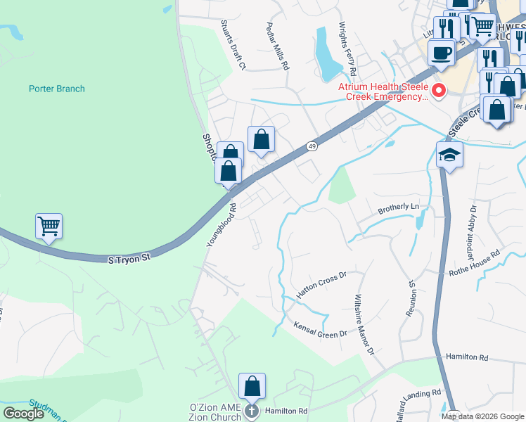 map of restaurants, bars, coffee shops, grocery stores, and more near 15120 Wylie Way in Charlotte