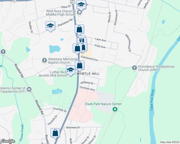 map of restaurants, bars, coffee shops, grocery stores, and more near 200 Circle Court in Fayetteville
