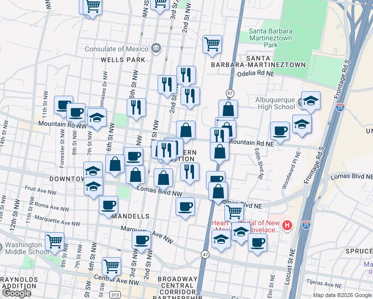 map of restaurants, bars, coffee shops, grocery stores, and more near 1106 1st Street Northwest in Albuquerque