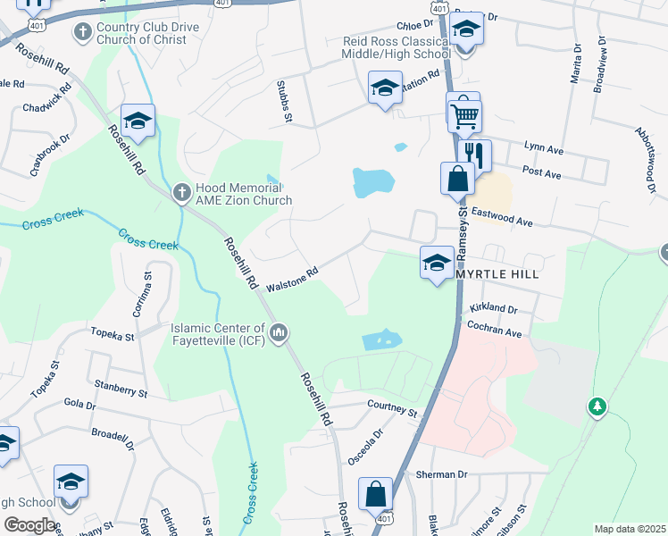 map of restaurants, bars, coffee shops, grocery stores, and more near 311 Walstone Road in Fayetteville