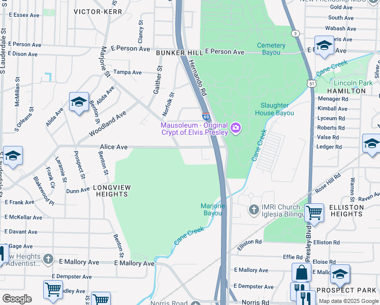 map of restaurants, bars, coffee shops, grocery stores, and more near 1031 Alice Avenue in Memphis