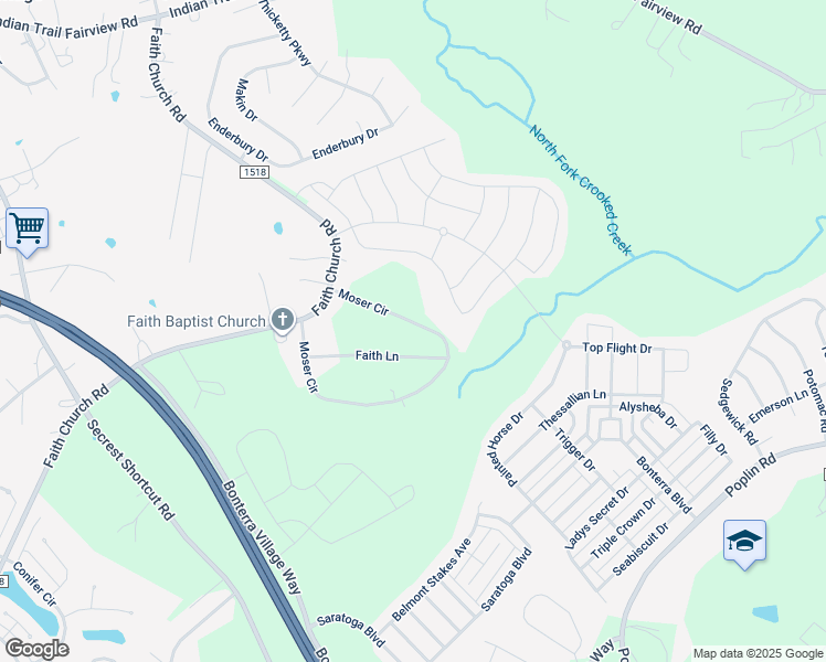 map of restaurants, bars, coffee shops, grocery stores, and more near 2714 Faith Lane in Indian Trail