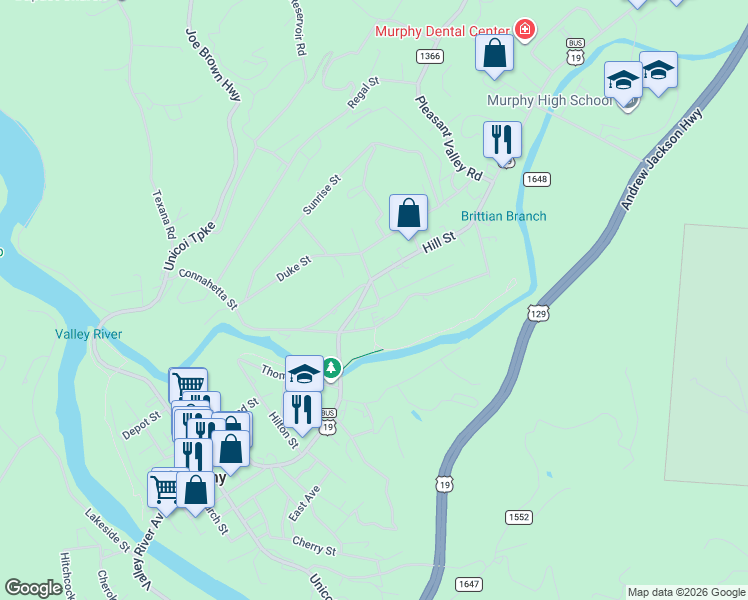 map of restaurants, bars, coffee shops, grocery stores, and more near 705 Valley River Avenue in Murphy