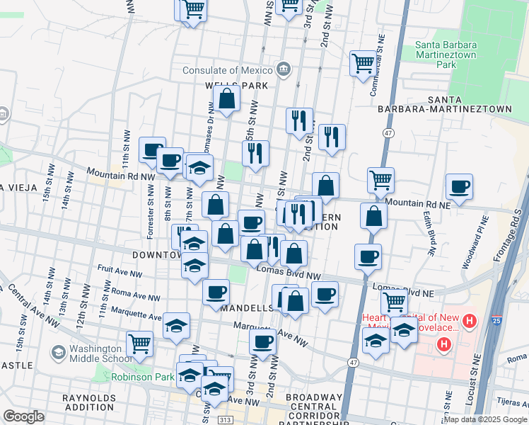 map of restaurants, bars, coffee shops, grocery stores, and more near 923 4th Street Northwest in Albuquerque